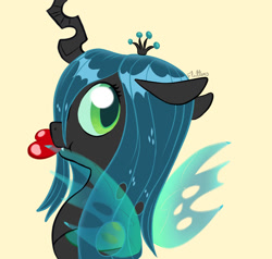 Size: 1280x1221 | Tagged: safe, artist:flutterbug18, imported from derpibooru, queen chrysalis, changeling, changeling queen, bust, changeling feeding, chibi, cute, cute little fangs, cutealis, fangs, female, floppy ears, heart, looking at you, looking back, looking back at you, portrait, simple background, solo, spread wings, wings