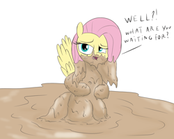 Size: 2000x1600 | Tagged: safe, artist:amateur-draw, imported from derpibooru, fluttershy, pegasus, covered in mud, female, fetish, mare, mud, mud bath, muddy, simple background, solo, solo female, spread wings, text, unamused, wet and messy, white background, wings