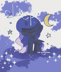 Size: 1705x2000 | Tagged: safe, artist:xinjinjumin091253688112, imported from derpibooru, princess luna, alicorn, pony, chibi, cloud, eyes closed, female, mare, moon, sleeping, solo, spread wings, text, wings