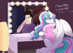 Size: 4000x2914 | Tagged: safe, artist:shamy-crist, imported from derpibooru, princess celestia, alicorn, human, pony, bathrobe, clothes, glasses, mirror, reflection, robe