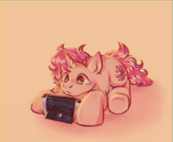 Size: 2056x1685 | Tagged: safe, artist:alex6886, imported from derpibooru, oc, oc only, oc:cotton bloom, pony, unicorn, brown eyes, horn, lying down, messy mane, nintendo, nintendo switch, pink hair, pink mane, simple background, solo