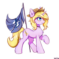 Size: 894x894 | Tagged: safe, artist:weiling, imported from derpibooru, oc, unnamed oc, pony, unicorn, fallout equestria, chest fluff, cowboy hat, ear fluff, female, flag, hat, horn, mare, raised hoof, side view, signature, simple background, smiling, solo, standing on three hooves, white background