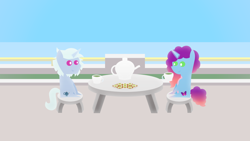 Size: 1920x1080 | Tagged: safe, artist:carrotorangelight, imported from derpibooru, unicorn, alphabittle blossomforth, cup, father and child, father and daughter, female, g5, horn, male, misty brightdawn, rebirth misty, teacup, teapot