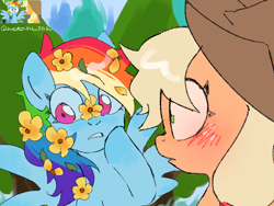 Size: 4096x3072 | Tagged: safe, artist:metaruscarlet, imported from derpibooru, applejack, rainbow dash, earth pony, pegasus, pony, appledash, applejack's hat, blushing, cowboy hat, female, flower, flower in hair, freckles, grass, hat, hoof on cheek, lesbian, open mouth, raised hoof, reference, shipping, spread wings, surprised, tree, wings