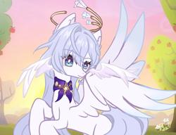 Size: 1680x1291 | Tagged: safe, artist:xiaoshundrew, imported from derpibooru, pegasus, pony, apple, female, food, honkai: star rail, mare, ponified, robin (honkai: star rail), sunset, tree