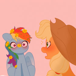 Size: 2480x2480 | Tagged: safe, artist:starburstuwu, imported from derpibooru, applejack, rainbow dash, earth pony, pegasus, pony, appledash, bust, buttercup, duo, duo female, female, flower, flower in hair, high res, lesbian, mare, open mouth, pink background, shipping, simple background