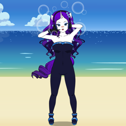 Size: 1080x1080 | Tagged: safe, artist:shitsandgiggles, artist:shitsangigglz, imported from derpibooru, rarity, anthro, human, unicorn, equestria girls, the other side, beach, bodysuit, breasts, busty rarity, clothes, diamond, diamonds, female, headphones, high heels, horn, humanized, kisekae, my little pony equestria girls: better together, shoes, solo, solo female