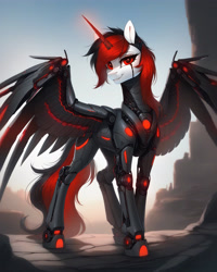 Size: 3072x3840 | Tagged: safe, imported from derpibooru, oc, oc only, oc:blackjack, alicorn, cyborg, pony, fallout equestria, fallout equestria: project horizons, ai content, ai generated, beautiful, desert, fanfic art, female, generator:pony diffusion v6 xl, generator:stable diffusion, glowing, glowing eyes, glowing horn, glowing wings, high res, horn, level 4 (alicorn eclipse) (project horizons), looking at you, mare, multicolored hair, prompter:frostru, red eyes, solo, wings