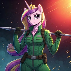 Size: 1024x1024 | Tagged: safe, imported from derpibooru, princess cadance, anthro, ai content, ai generated, clothes, cosplay, costume, crown, female, g.i. joe, generator:google imagen 3.0, gradient background, javelin, jewelry, jumpsuit, lady jaye, military uniform, prompter:zerowinger, regalia, smiling, solo, spear, uniform, weapon, wingless, wingless anthro