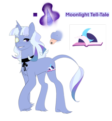 Size: 1280x1384 | Tagged: safe, artist:aztrial, imported from derpibooru, oc, oc only, oc:moonlight tell-tale, pony, unicorn, bio in description, chest fluff, female, horn, leonine tail, long fetlocks, magic, magic aura, magical lesbian spawn, mare, next generation, offspring, parent:starlight glimmer, parent:trixie, parents:startrix, piercing, purple eyes, raised hoof, simple background, tail, tongue piercing, trans female, transgender, unicorn oc, unshorn fetlocks, white background