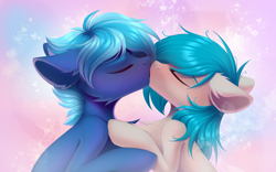 Size: 4096x2560 | Tagged: safe, artist:kebchach, imported from derpibooru, oc, oc only, oc:marigold earth tulip hosta, oc:sapphire lance, earth pony, pony, cheek fluff, chest fluff, duo, duo male and female, ear fluff, earth pony oc, eyes closed, female, floppy ears, heart, high res, kiss on the lips, kissing, male, mare, oc x oc, shipping, stallion, straight