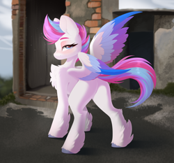 Size: 4096x3820 | Tagged: safe, artist:kebchach, imported from derpibooru, zipp storm, pegasus, pony, bedroom eyes, blushing, butt, chest fluff, colored wings, colored wingtips, female, g5, high res, leg fluff, looking at you, looking back, looking back at you, mare, multicolored wings, outdoors, plot, rear view, solo, spread wings, tail, unshorn fetlocks, wings, zippbutt