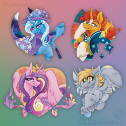 Size: 2700x2700 | Tagged: safe, artist:alzmariowolfe, imported from derpibooru, derpy hooves, princess cadance, sunburst, trixie, alicorn, pegasus, pony, unicorn, cape, clothes, female, gradient background, hat, horn, male, mare, stallion, trixie's cape, trixie's hat