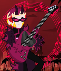 Size: 925x1072 | Tagged: safe, artist:robertsonskywa1, imported from derpibooru, oc, oc:starbreaker firewalker, demon, human, equestria girls, clothes, guitar, hazbin hotel, hell, hellaverse, musical instrument, my little pony equestria girls: rainbow rocks, photo, rainbow rocks 10th anniversary, smiling, spikes, sunglasses, trenchcoat