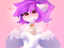 Size: 4096x3065 | Tagged: safe, artist:kebchach, imported from derpibooru, oc, oc only, pegasus, pony, blushing, chest fluff, drink, female, food, heart, heart eyes, high res, looking at you, mare, milkshake, oc name needed, pegasus oc, smiling, smiling at you, solo, spread wings, strawberry, wingding eyes, wings