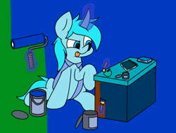 Size: 4032x3024 | Tagged: safe, artist:derpyalex2, imported from derpibooru, oc, oc only, pony, unicorn, apple, book, cape, clothes, desk, digital art, food, horn, magic, notebook, paint, paint can, paint roller, paintbrush, painting, simple background, solo, telekinesis