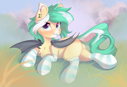 Size: 2900x1992 | Tagged: safe, artist:kebchach, imported from derpibooru, oc, oc only, oc:icy breeze, bat pony, pony, bat pony oc, bat wings, chest fluff, clothes, ear piercing, earring, fangs, female, grass, high res, jewelry, looking at you, lying down, mare, one wing out, piercing, socks, solo, striped socks, tail, tongue out, wings