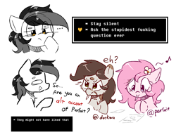 Size: 1620x1264 | Tagged: safe, artist:morningbullet, imported from derpibooru, oc, oc only, oc:deary dots, oc:kayla, oc:noot, angry, comic, female, filly, flower, flower in hair, foal, music notes, silly, simple background, text, undertale, white background