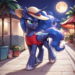 Size: 2400x2400 | Tagged: safe, imported from derpibooru, princess luna, alicorn, pony, ai content, ai generated, clothes, cloud, female, front view, generator:pony diffusion v6 xl, generator:stable diffusion, horn, looking sideways, moon, night, palm tree, panama hat, plant, potted plant, prompter:infernum, red shirt, road, shirt, sidewalk, sky, solo, solo female, tree, walking, wings