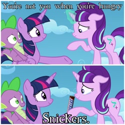 Size: 4096x4096 | Tagged: safe, artist:trrrebleee, edit, edited screencap, imported from derpibooru, screencap, spike, starlight glimmer, twilight sparkle, alicorn, unicorn, the cutie re-mark, caption, food, horn, meme, snickers, text, twilight sparkle (alicorn)