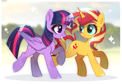 Size: 3859x2650 | Tagged: safe, artist:scarffist, imported from derpibooru, sunset shimmer, twilight sparkle, alicorn, pony, unicorn, base used, couple, cute, duo, duo female, female, green eyes, happy, horn, lesbian, long hair, long mane, long tail, looking at each other, looking at someone, purple eyes, running, shipping, smiling, sparkles, sunsetsparkle, tail, teeth, twilight sparkle (alicorn), walking