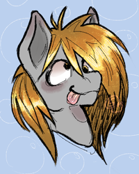 Size: 410x512 | Tagged: safe, imported from derpibooru, derpy hooves, pegasus, pony, :3, :p, blushing, bubble, colored sketch, gray coat, patterned background, shiny mane, sketch, solo, tongue out, watermark, yellow eyes, yellow mane