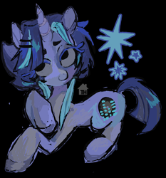 Size: 2834x3037 | Tagged: safe, artist:dddddaxie998839, imported from derpibooru, oc, oc only, oc:platinum record, pony, unicorn, 2024, big hooves, black background, blue coat, blue eyelashes, blue mane, blue tail, colored eyelashes, colored pinnae, gray sclera, hair accessory, hairclip, horn, lineless, looking up, lying down, mane accessory, mane clip, no catchlights, old art, raised hoof, shiny mane, shiny tail, short mane, short tail, simple background, smiling, solo, stars, straight tail, tail, toyhouse watermark, unicorn oc, watermark