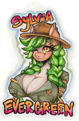 Size: 1966x2988 | Tagged: safe, artist:paintedcora, imported from derpibooru, oc, oc only, oc:sylvia evergreen, anthro, bonerblockingbadge, braid, hat, solo, traditional art