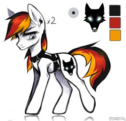 Size: 2262x2160 | Tagged: source needed, safe, artist:enjaadjital, imported from derpibooru, oc, oc only, earth pony, pony, belt, color palette, cutie mark, ear piercing, earth pony oc, full body, male, male oc, oc name needed, piercing, reflection, side view, simple background, solo, stallion, stallion oc, standing, white background