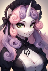 Size: 768x1152 | Tagged: safe, imported from derpibooru, sweetie belle, anthro, unicorn, ai content, ai generated, breasts, bust, cleavage, clothes, female, generator:stable diffusion, goth, gothic lolita, gradient background, horn, lolita fashion, looking at you, portrait, prompter:saberclaw1x, smiling, smiling at you, solo