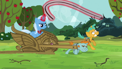 Size: 1920x1080 | Tagged: safe, imported from derpibooru, screencap, snails, snips, trixie, pony, unicorn, magic duel, abuse, alicorn amulet, amulet, apple, apple tree, bucktooth, bullwhip, chariot, child abuse, colt, eyes closed, female, foal, food, glowing, glowing horn, harness, horn, jewelry, magic, magic abuse, magic aura, male, mare, pulling, slavery, straining, tack, telekinesis, tree, trixie's fans, trixie's slaves, wheels trixie, whip, whipping