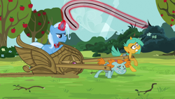 Size: 1920x1080 | Tagged: safe, edit, edited screencap, editor:smudge proof, imported from derpibooru, screencap, snails, snips, trixie, pony, unicorn, magic duel, abuse, alicorn amulet, amulet, apple, apple tree, bucktooth, bullwhip, chariot, child abuse, colt, eyes closed, female, foal, food, glowing, glowing horn, harness, horn, jewelry, magic, magic abuse, magic aura, male, mare, pulling, rule 63, slavery, spice, straining, sugar, tack, telekinesis, tree, tristan, trixie's fans, trixie's slaves, wheels trixie, whip, whipping