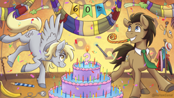 Size: 1920x1080 | Tagged: safe, artist:hetemsenar, imported from derpibooru, derpy hooves, doctor whooves, time turner, earth pony, pegasus, pony, banana, banner, cake, candle, cane, celery, clothes, coat, collar, doctor who, female, food, fourth doctor's scarf, hat, male, mare, necktie, reference, scarf, sonic screwdriver, stallion, striped scarf, umbrella, watch, whistle