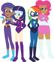 Size: 515x587 | Tagged: safe, artist:sturk-fontaine, imported from derpibooru, pinkie pie, rainbow dash, rarity, twilight sparkle, human, equestria girls, base used, chubby, group, human coloration, simple background, superhero, white background