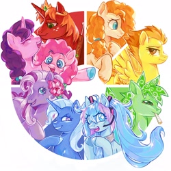 Size: 2048x2048 | Tagged: safe, artist:peeperzcreeperz, imported from derpibooru, big macintosh, pear butter, pinkie pie, spitfire, sugar belle, trixie, wysteria, alicorn, pony, alicornified, anime, g3, hatsune miku, princess big mac, race swap, vocaloid