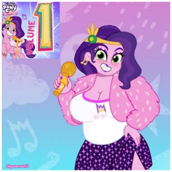 Size: 1660x1660 | Tagged: safe, artist:skystarcute64, imported from derpibooru, pipp petals, human, equestria girls, abstract background, album cover, diadem, ear piercing, earring, equestria girls-ified, eyeshadow, female, g5, hand on hip, humanized, jewelry, lipstick, looking at you, makeup, microphone, my little pony logo, my little pony: tell your tale, painted nails, piercing, pipp petals' cutie mark, regalia, royalty, smiling, solo