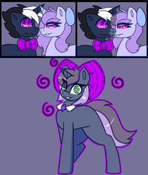 Size: 4403x5210 | Tagged: safe, artist:askhypnoswirl, imported from derpibooru, oc, oc only, oc:hypno swirl, oc:swirly daze, unicorn, bow, bowtie, commission, duo, duo male and female, female, fusion, hair bow, horn, hypno eyes, hypnosis, hypnotized, male, necktie, unicorn oc