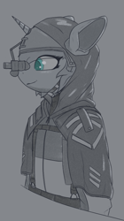 Size: 489x871 | Tagged: safe, artist:higherarch, imported from derpibooru, oc, oc:altus bastion, unicorn, bipedal, cloak, cloaked, clothes, crossover, escape from tarkov, female, helmet, horn, jumpsuit, military uniform, monochrome, simple shading, sketch, smiling, tactical, tactical vest, tarkov, unicorn oc, uniform