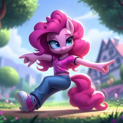 Size: 1024x1024 | Tagged: safe, imported from derpibooru, pinkie pie, anthro, earth pony, ai content, ai generated, clothes, converse, dancing, denim, jeans, pants, prompter:pinkiepiepics, shirt, shoes, short sleeves, sneakers, solo