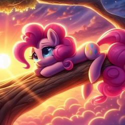 Size: 1024x1024 | Tagged: safe, imported from derpibooru, pinkie pie, earth pony, ai content, ai generated, cloud, female, prompter:pinkiepiepics, solo, sun, sunset, tree