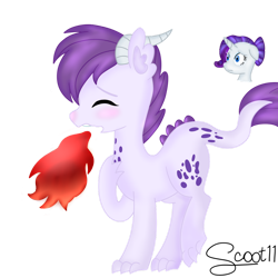 Size: 1024x1024 | Tagged: safe, artist:scoot11, imported from derpibooru, rarity, oc, oc:angie, dracony, dragon, hybrid, pony, unicorn, duo, eyes closed, female, filly, fire, fire breath, foal, horn, interspecies offspring, mare, mother and child, mother and daughter, offspring, parent:rarity, parent:spike, parents:sparity, remake, simple background, transparent background