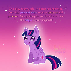 Size: 894x894 | Tagged: safe, artist:faelingmagic, imported from derpibooru, twilight sparkle, alicorn, pony, female, hoof on neck, mare, open mouth, positive ponies, sitting, smiling, solo, text, three toned mane, twilight sparkle (alicorn)