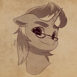 Size: 2048x2048 | Tagged: safe, artist:haruh_ink, imported from derpibooru, oc, oc:macchiato, unicorn, bust, doodle, glasses, horn, looking at you, monochrome, patreon, patreon reward, smiling