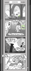 Size: 1451x3300 | Tagged: safe, artist:loreto-arts, imported from derpibooru, princess celestia, princess flurry heart, spike, dragon, pony, comic:friendship is innuendo, comic:friendship is innuendo vol. 2, blushing, boop, magic, monochrome, winged spike, wings