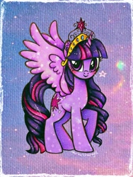 Size: 2250x3000 | Tagged: safe, artist:dariarchangel, imported from derpibooru, twilight sparkle, alicorn, pony, alternate hairstyle, bangs, big crown thingy, big eyes, blushing, crown, cute, element of magic, female, horn, jewelry, long hair, long mane, long tail, mare, purple coat, purple eyes, raised hoof, regalia, smiling, solo, sparkles, spread wings, standing, standing on three hooves, starry wings, stars, tail, three toned hair, three toned mane, three toned tail, toy interpretation, traditional art, twiabetes, twilight sparkle (alicorn), unicorn horn, wings