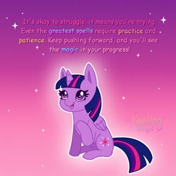 Size: 1500x1500 | Tagged: safe, artist:faelingmagic, imported from derpibooru, twilight sparkle, alicorn, pony, female, hoof on neck, mare, open mouth, positive message, positive ponies, sitting, smiling, solo, text, three toned mane, twilight sparkle (alicorn)