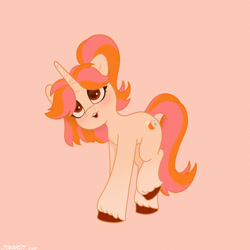 Size: 2480x2480 | Tagged: safe, artist:starburstuwu, imported from derpibooru, oc, oc only, oc:belka, pony, unicorn, blushing, female, gradient legs, high res, horn, mare, open mouth, open smile, pink background, simple background, smiling, solo, unshorn fetlocks