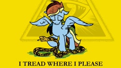 Size: 1200x675 | Tagged: safe, artist:pony-berserker, imported from derpibooru, rainbow dash, conspiracy, don't tread on me, gadsden flag, gadsden snake, i tread where i please, illuminati, illuminati confirmed, parody, parody of a parody, pony-berserker's twitter sketches, pony-berserker's twitter sketches (2024), satire