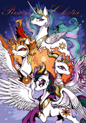 Size: 2409x3430 | Tagged: safe, artist:cao9591791, artist:叶荫, idw, imported from derpibooru, daybreaker, nightmare star, philomena, princess celestia, alicorn, phoenix, pony, reflections, spoiler:comic, concave belly, empress celestia, evil celestia, evil counterpart, female, mane of fire, mare, mirror universe, slender, thin