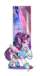 Size: 825x1506 | Tagged: safe, artist:tina1804, imported from derpibooru, twilight sparkle, alicorn, pony, clothes, dress, female, indoors, mare, open mouth, simple background, smiling, solo, twilight sparkle (alicorn), white background, window